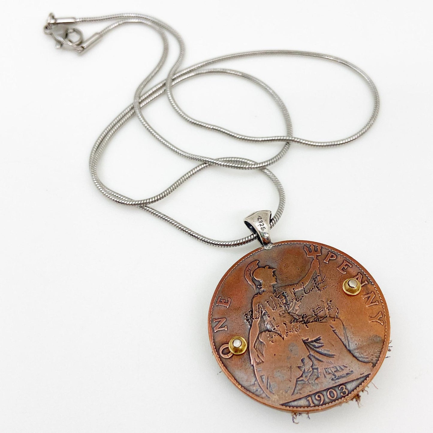 Necklace - Reclining Dog - Enamel on Copper & Coin