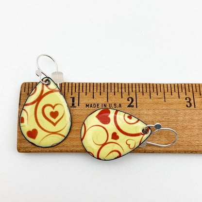 Earrings - Red on Yellow Swirl Teardrops - Enamel on Copper