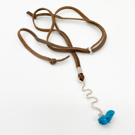 Necklace - Squiggle and Turquoise Bead Pendant on Leather - Sterling Original